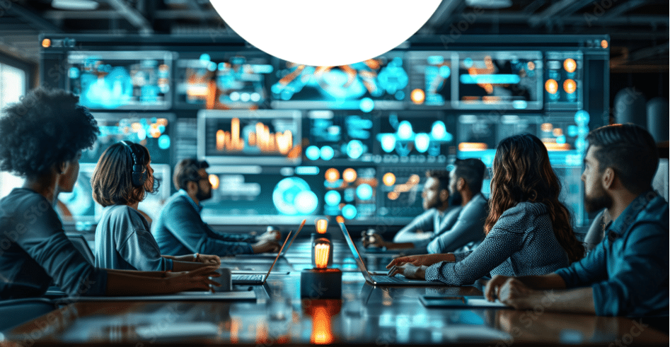 Cybersecurity workers gathered for a meeting around a table, reviewing a central projection of data and charts.